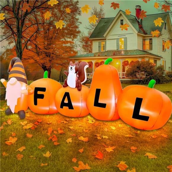 7FT Long Fall Inflatables Pumpkin Outdoor Decoration Pumpkin with Gnome Squirrel - Picture 6 of 7